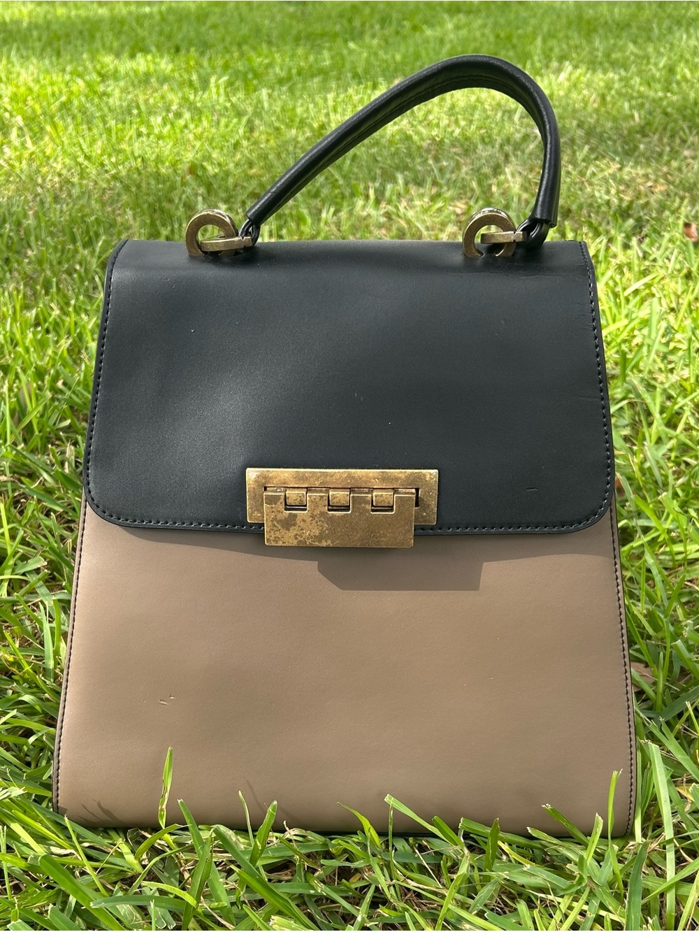 Vintage Zac Posen Black and Taupe Top-Handle Satchel 100% Calfskin Leather